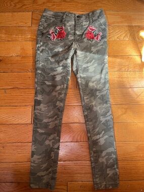 Camo Skinny Jeans with Red Rose Embroidery